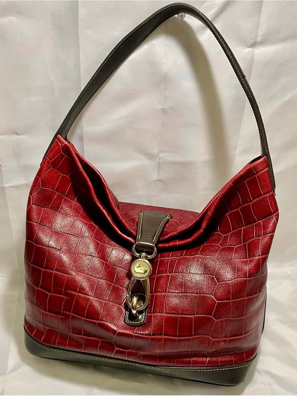 Dooney & Bourke Red Belvedere Crocodile Embossed Leather Logo Lock Hobo Bag